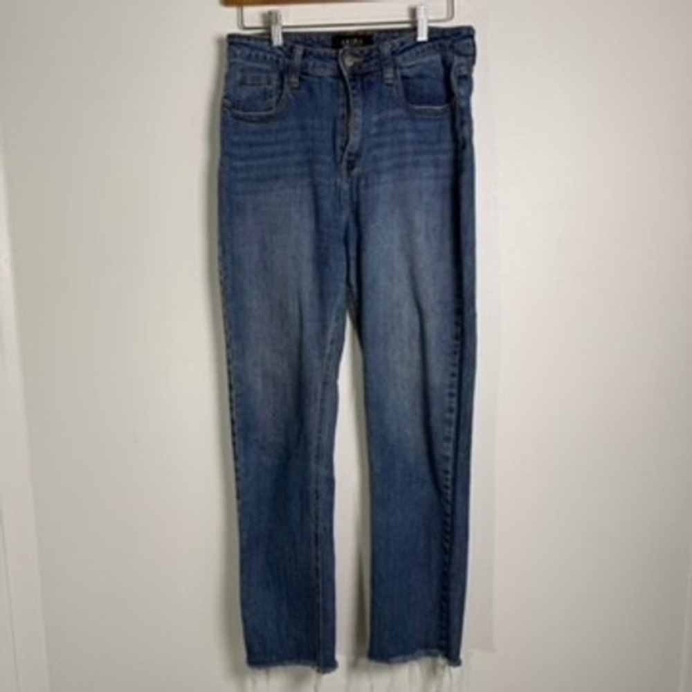 Akira Straight Leg Jeans Womens 7 Blue High Rise Raw Hem IH4025HB Medium Wash